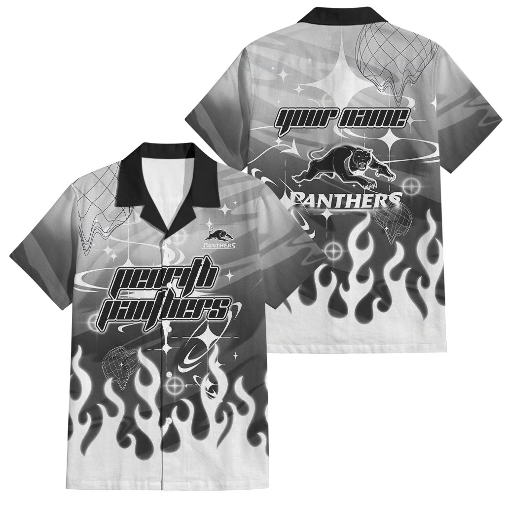 Personalized Penrith Panthers Family Matching Off The Shoulder Long Sleeve Dress and Hawaiian Shirt Y2K Grunge Aesthetic With Cyber Flames and Starburst Graphics