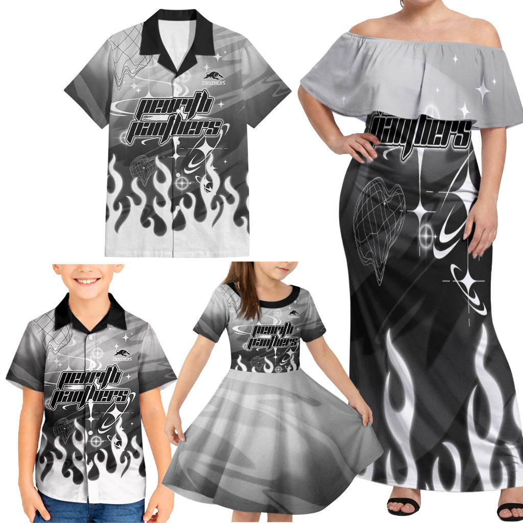 Personalized Penrith Panthers Family Matching Off Shoulder Maxi Dress and Hawaiian Shirt Y2K Grunge Aesthetic With Cyber Flames and Starburst Graphics
