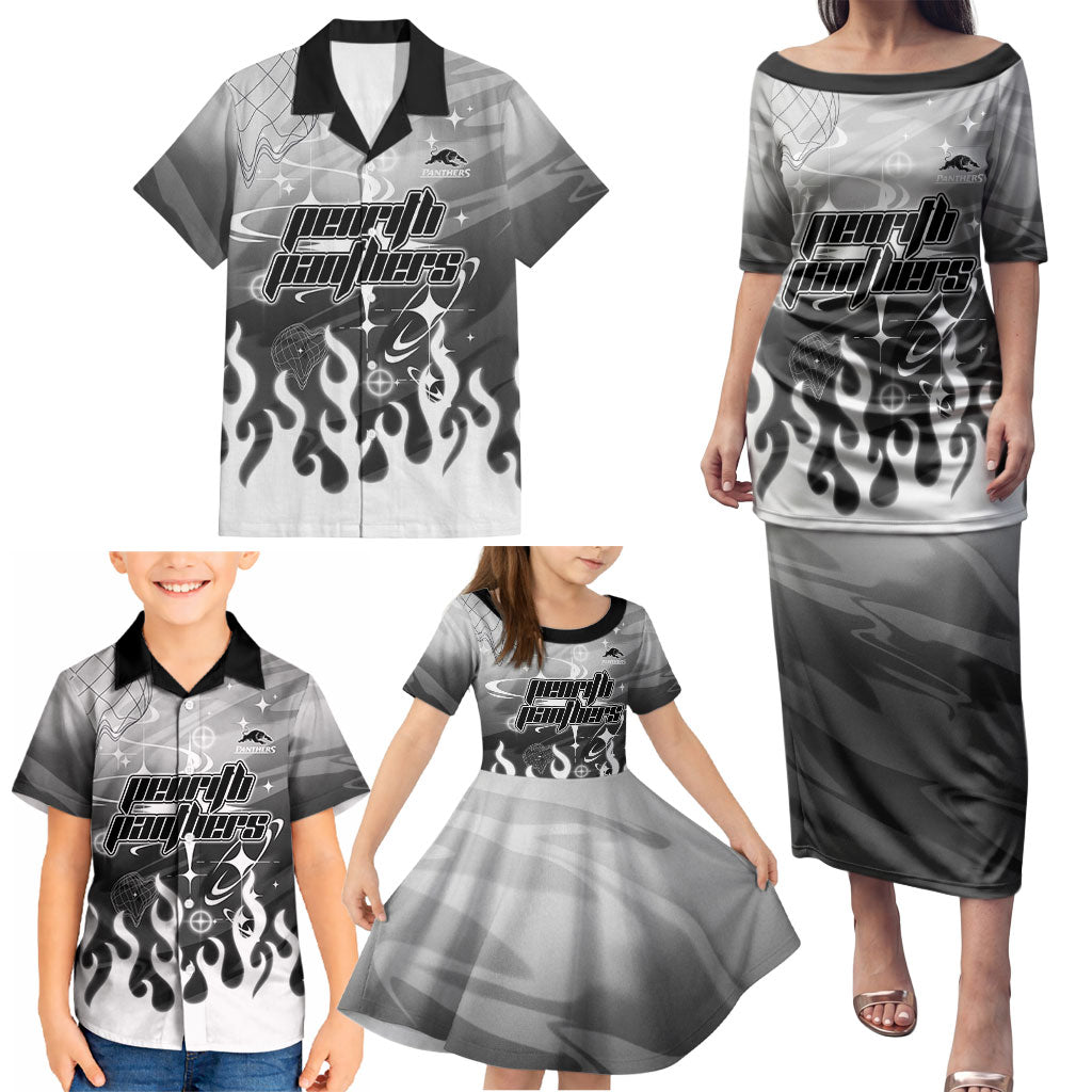 Personalized Penrith Panthers Family Matching Puletasi and Hawaiian Shirt Y2K Grunge Aesthetic With Cyber Flames and Starburst Graphics