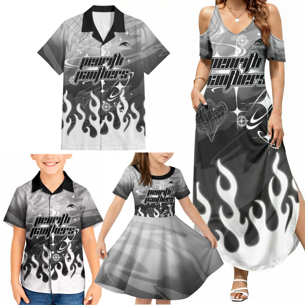 Personalized Penrith Panthers Family Matching Summer Maxi Dress and Hawaiian Shirt Y2K Grunge Aesthetic With Cyber Flames and Starburst Graphics