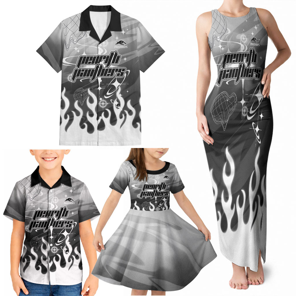 Personalized Penrith Panthers Family Matching Tank Maxi Dress and Hawaiian Shirt Y2K Grunge Aesthetic With Cyber Flames and Starburst Graphics