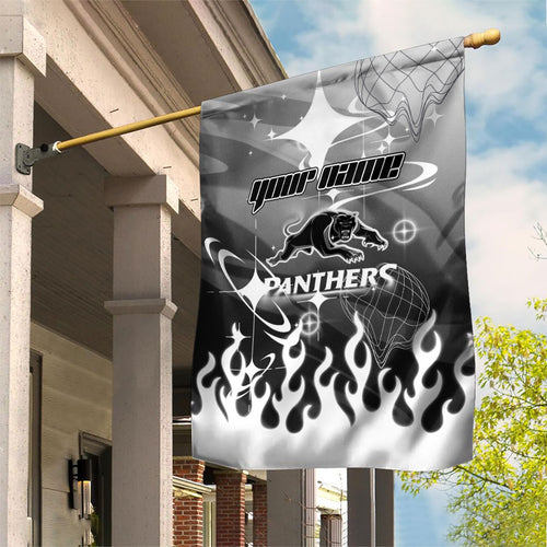 Personalized Penrith Panthers Garden Flag Y2K Grunge Aesthetic With Cyber Flames and Starburst Graphics
