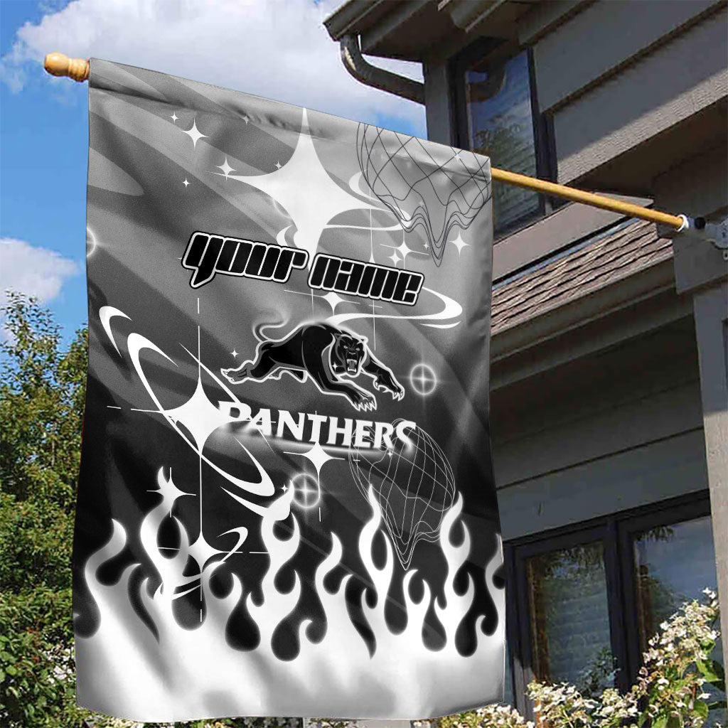 Personalized Penrith Panthers Garden Flag Y2K Grunge Aesthetic With Cyber Flames and Starburst Graphics