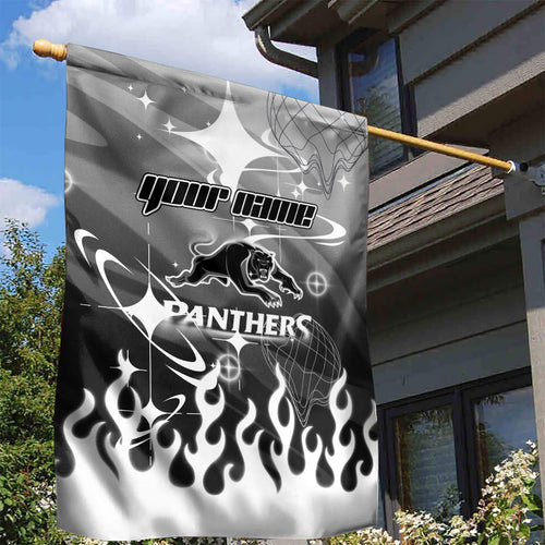 Personalized Penrith Panthers Garden Flag Y2K Grunge Aesthetic With Cyber Flames and Starburst Graphics