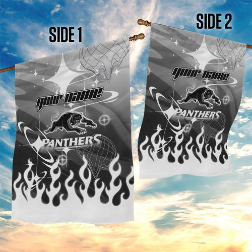 Personalized Penrith Panthers Garden Flag Y2K Grunge Aesthetic With Cyber Flames and Starburst Graphics