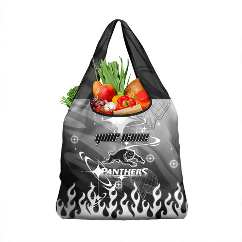Personalized Penrith Panthers Grocery Bag Y2K Grunge Aesthetic With Cyber Flames and Starburst Graphics