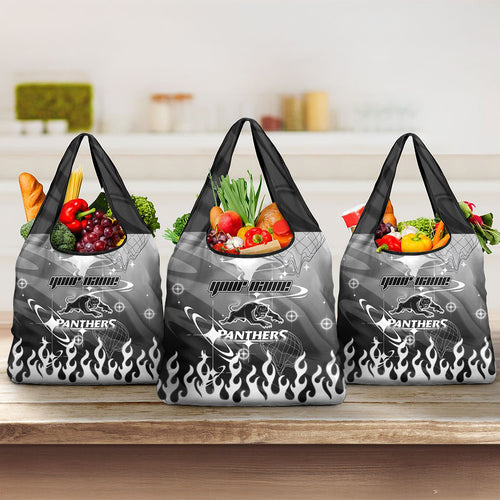 Personalized Penrith Panthers Grocery Bag Y2K Grunge Aesthetic With Cyber Flames and Starburst Graphics