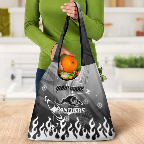 Personalized Penrith Panthers Grocery Bag Y2K Grunge Aesthetic With Cyber Flames and Starburst Graphics