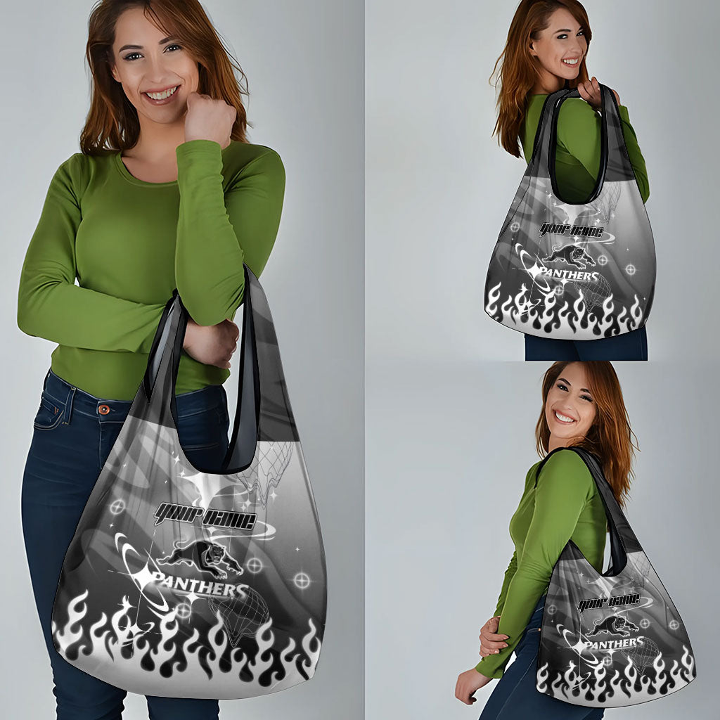 Personalized Penrith Panthers Grocery Bag Y2K Grunge Aesthetic With Cyber Flames and Starburst Graphics