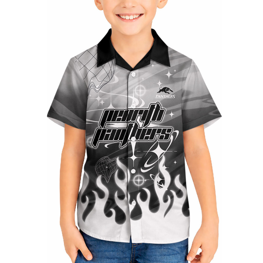 Personalized Penrith Panthers Hawaiian Shirt Y2K Grunge Aesthetic With Cyber Flames and Starburst Graphics