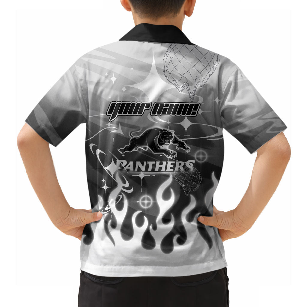 Personalized Penrith Panthers Hawaiian Shirt Y2K Grunge Aesthetic With Cyber Flames and Starburst Graphics