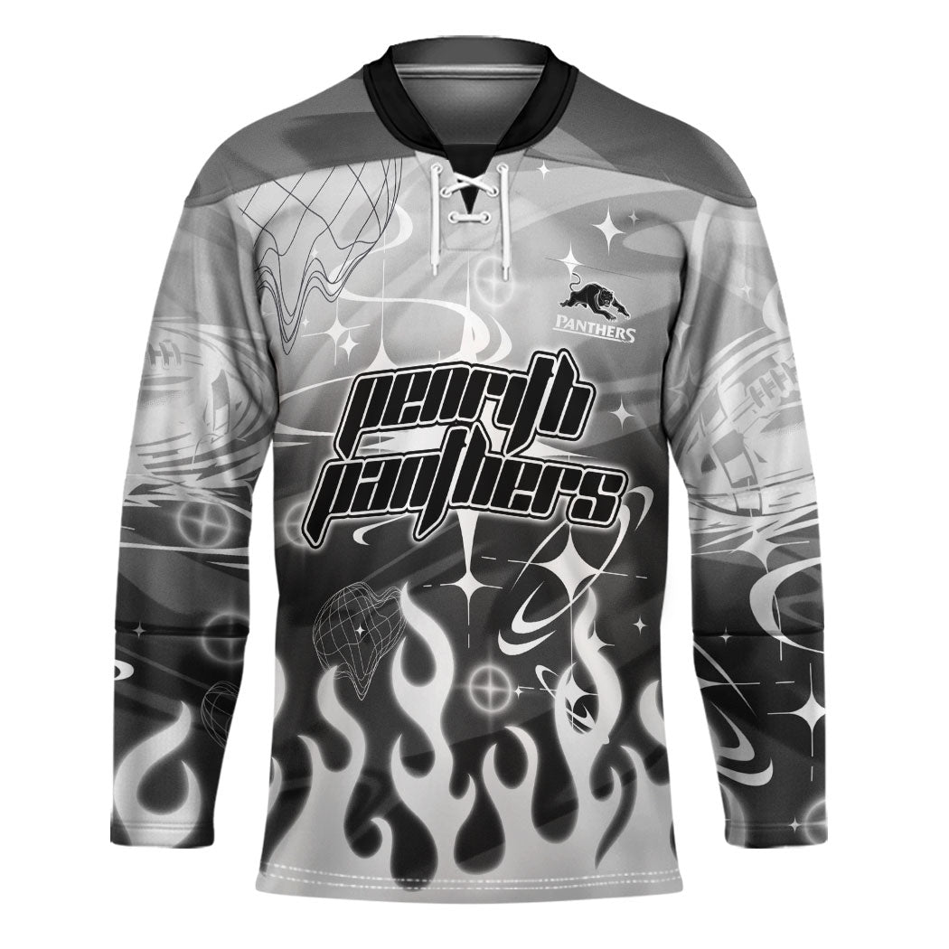 Personalized Penrith Panthers Hockey Jersey Y2K Grunge Aesthetic With Cyber Flames and Starburst Graphics