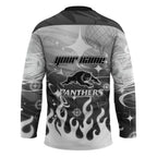 Personalized Penrith Panthers Hockey Jersey Y2K Grunge Aesthetic With Cyber Flames and Starburst Graphics
