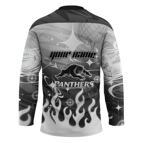 Personalized Penrith Panthers Hockey Jersey Y2K Grunge Aesthetic With Cyber Flames and Starburst Graphics