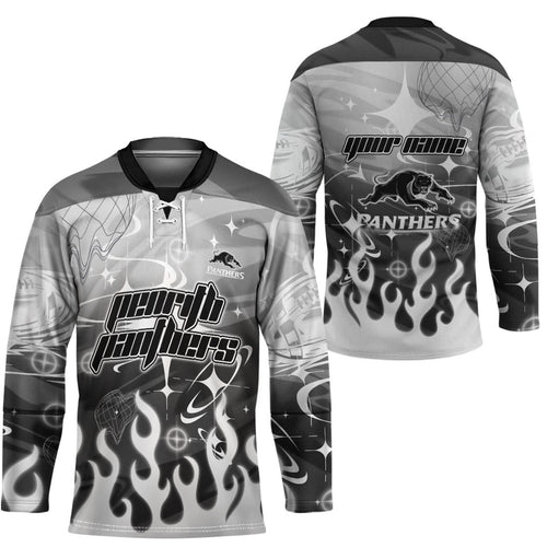 Personalized Penrith Panthers Hockey Jersey Y2K Grunge Aesthetic With Cyber Flames and Starburst Graphics