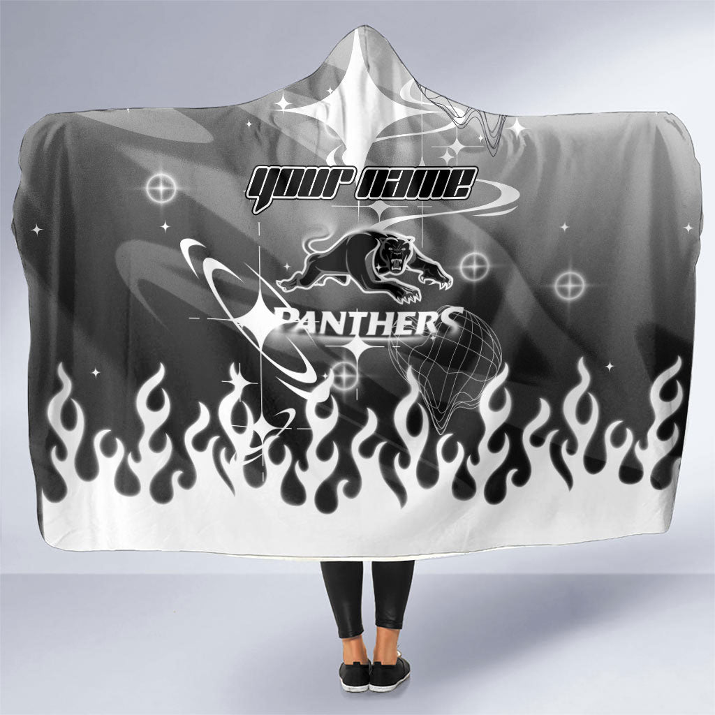 Personalized Penrith Panthers Hooded Blanket Y2K Grunge Aesthetic With Cyber Flames and Starburst Graphics