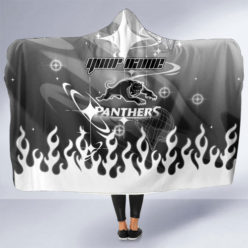 Personalized Penrith Panthers Hooded Blanket Y2K Grunge Aesthetic With Cyber Flames and Starburst Graphics