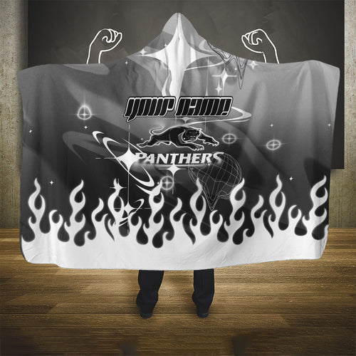 Personalized Penrith Panthers Hooded Blanket Y2K Grunge Aesthetic With Cyber Flames and Starburst Graphics