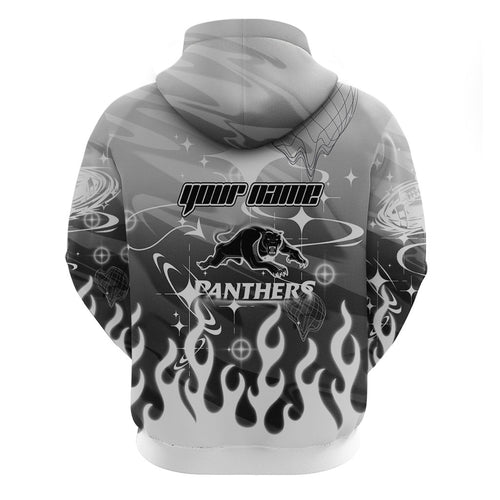 Personalized Penrith Panthers Hoodie Y2K Grunge Aesthetic With Cyber Flames and Starburst Graphics