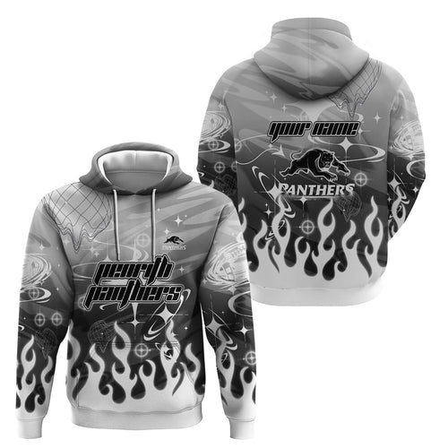 Personalized Penrith Panthers Hoodie Y2K Grunge Aesthetic With Cyber Flames and Starburst Graphics