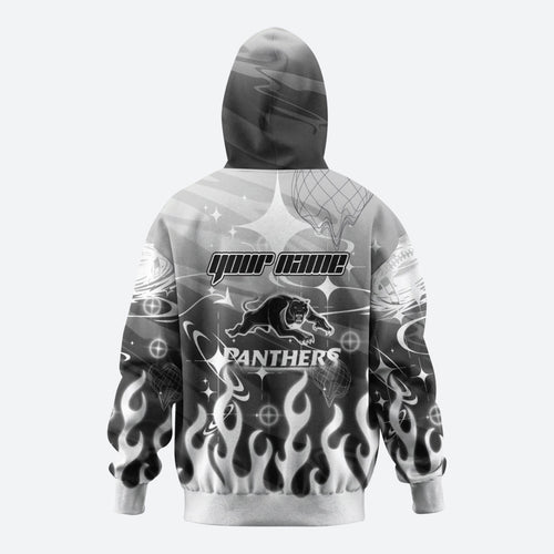 Personalized Penrith Panthers Hoodie Y2K Grunge Aesthetic With Cyber Flames and Starburst Graphics