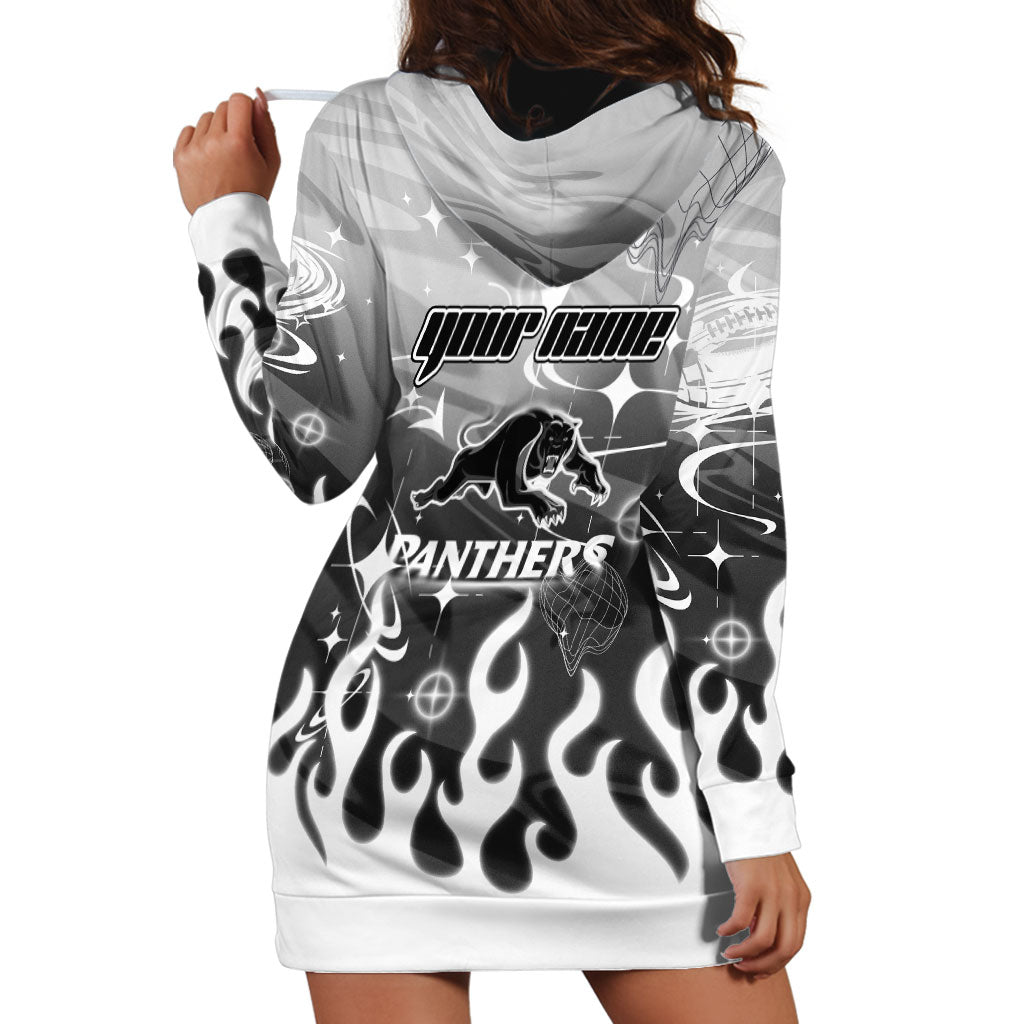 Personalized Penrith Panthers Hoodie Dress Y2K Grunge Aesthetic With Cyber Flames and Starburst Graphics