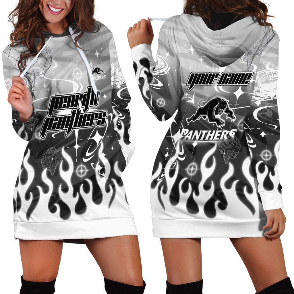 Personalized Penrith Panthers Hoodie Dress Y2K Grunge Aesthetic With Cyber Flames and Starburst Graphics