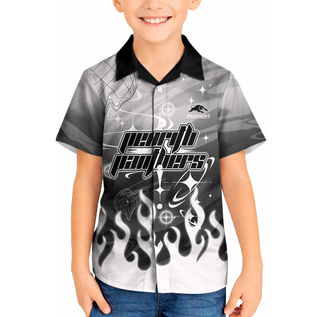 Personalized Penrith Panthers Kid Hawaiian Shirt Y2K Grunge Aesthetic With Cyber Flames and Starburst Graphics