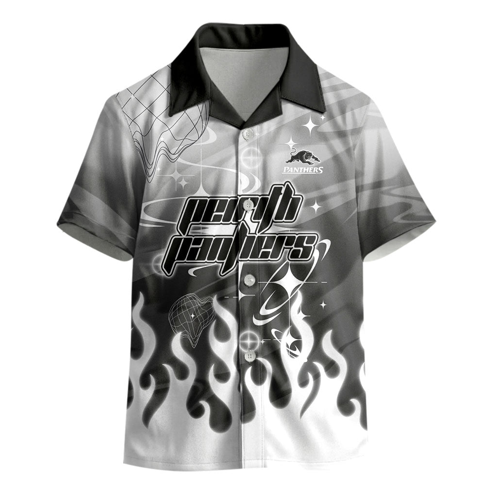 Personalized Penrith Panthers Kid Hawaiian Shirt Y2K Grunge Aesthetic With Cyber Flames and Starburst Graphics
