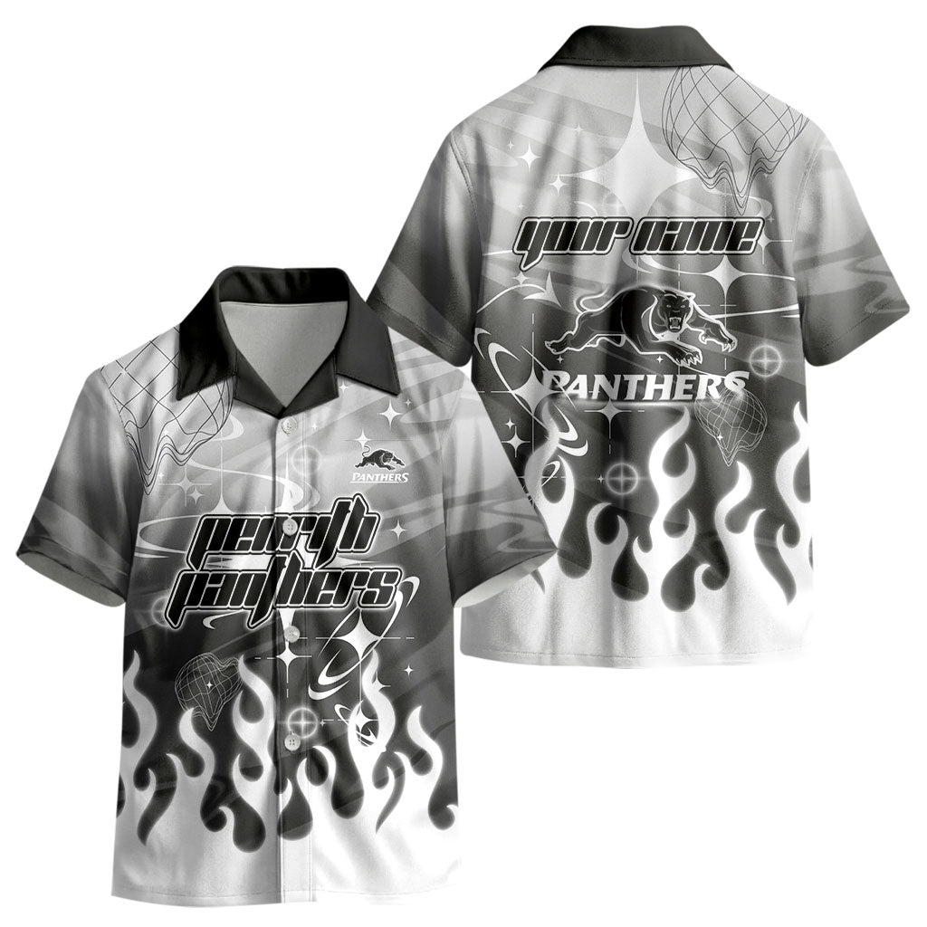 Personalized Penrith Panthers Kid Hawaiian Shirt Y2K Grunge Aesthetic With Cyber Flames and Starburst Graphics