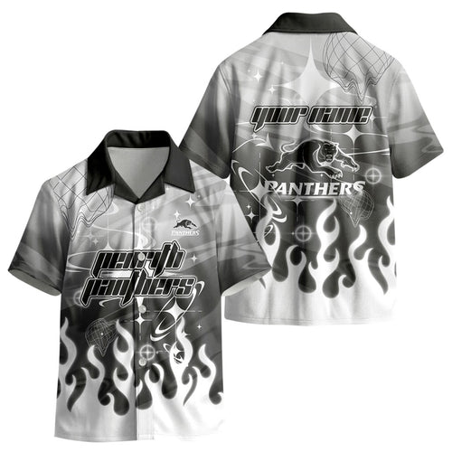 Personalized Penrith Panthers Kid Hawaiian Shirt Y2K Grunge Aesthetic With Cyber Flames and Starburst Graphics