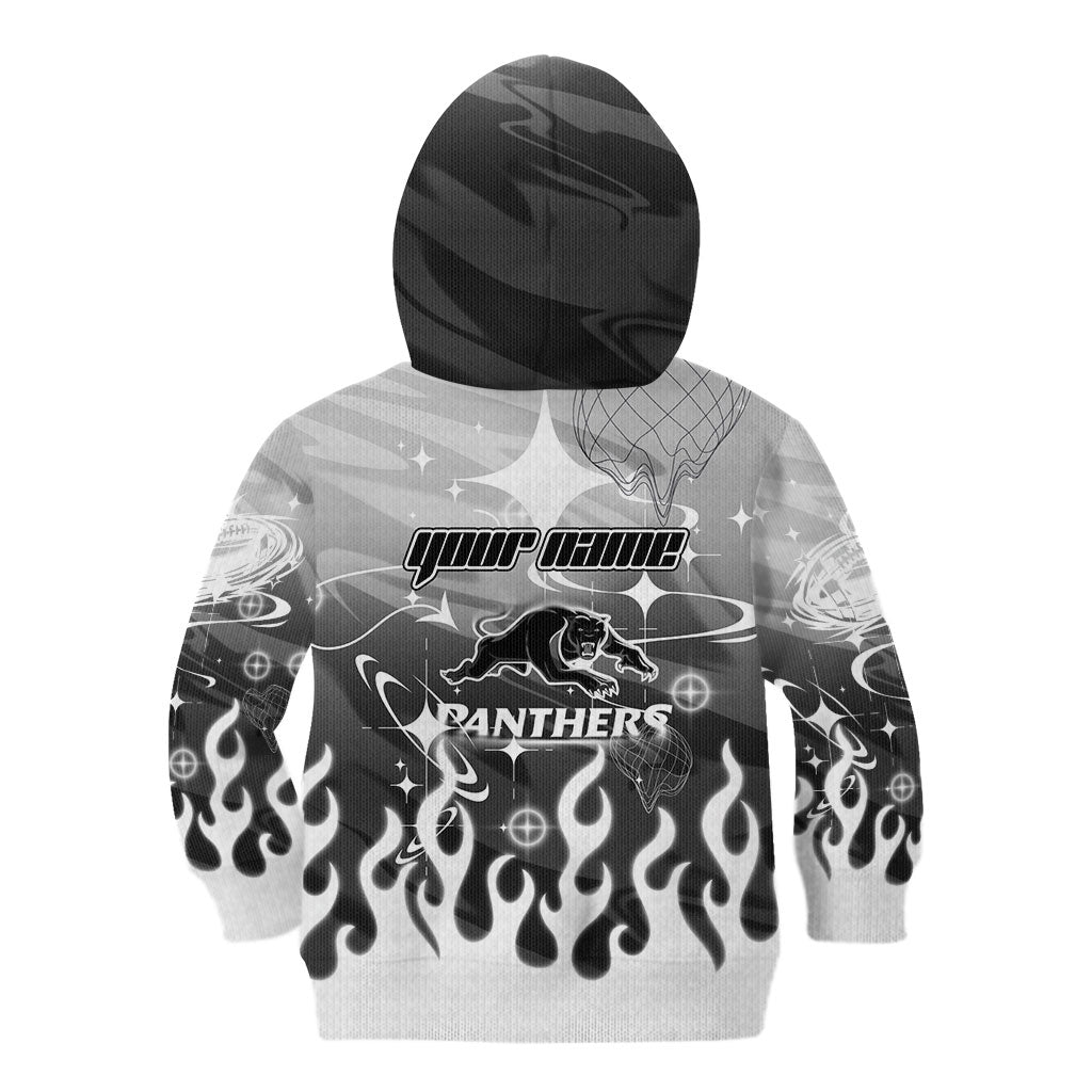 Personalized Penrith Panthers Kid Hoodie Y2K Grunge Aesthetic With Cyber Flames and Starburst Graphics