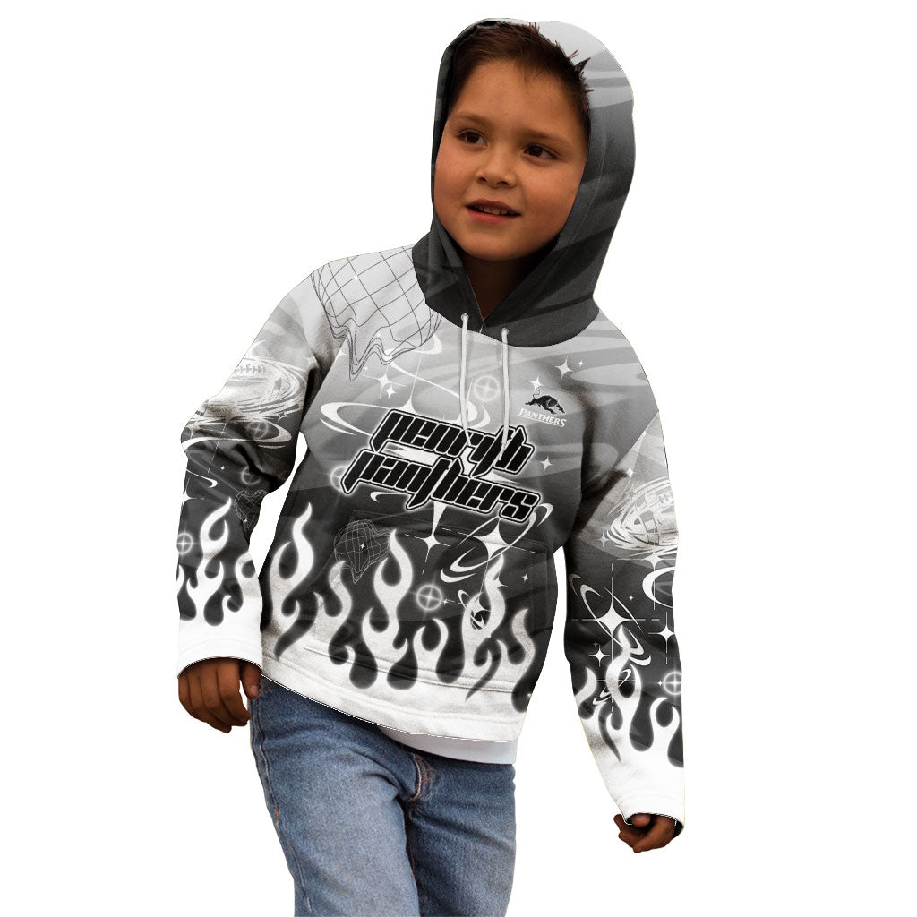 Personalized Penrith Panthers Kid Hoodie Y2K Grunge Aesthetic With Cyber Flames and Starburst Graphics