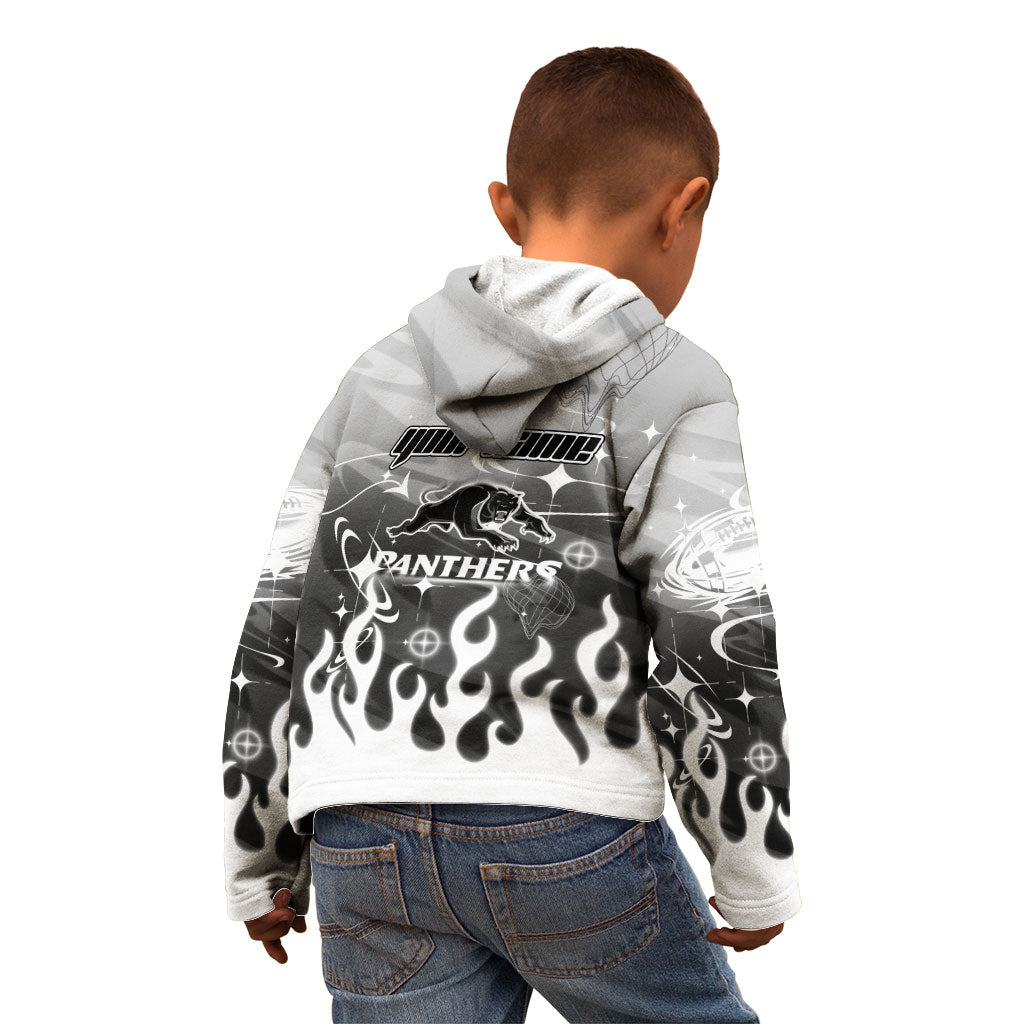 Personalized Penrith Panthers Kid Hoodie Y2K Grunge Aesthetic With Cyber Flames and Starburst Graphics
