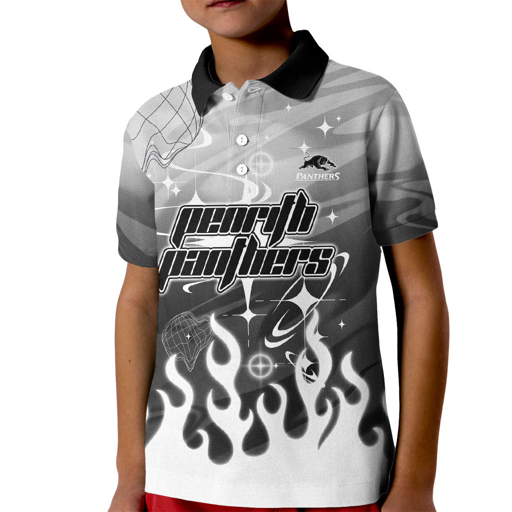 Personalized Penrith Panthers Kid Polo Shirt Y2K Grunge Aesthetic With Cyber Flames and Starburst Graphics