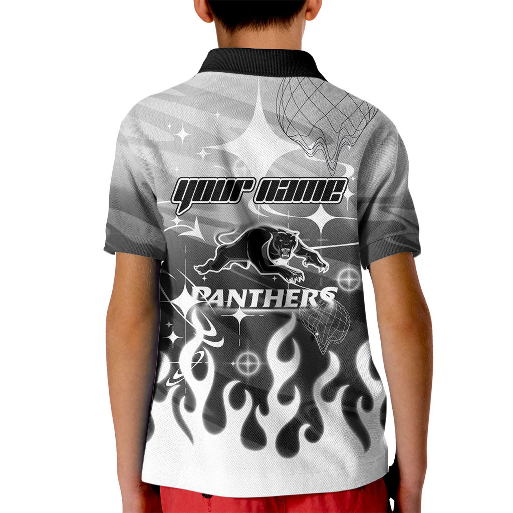 Personalized Penrith Panthers Kid Polo Shirt Y2K Grunge Aesthetic With Cyber Flames and Starburst Graphics