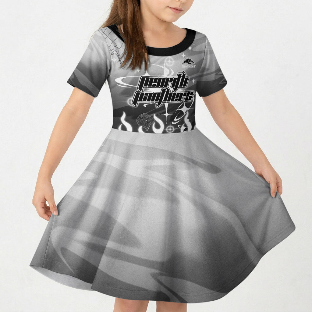 Personalized Penrith Panthers Kid Short Sleeve Dress Y2K Grunge Aesthetic With Cyber Flames and Starburst Graphics