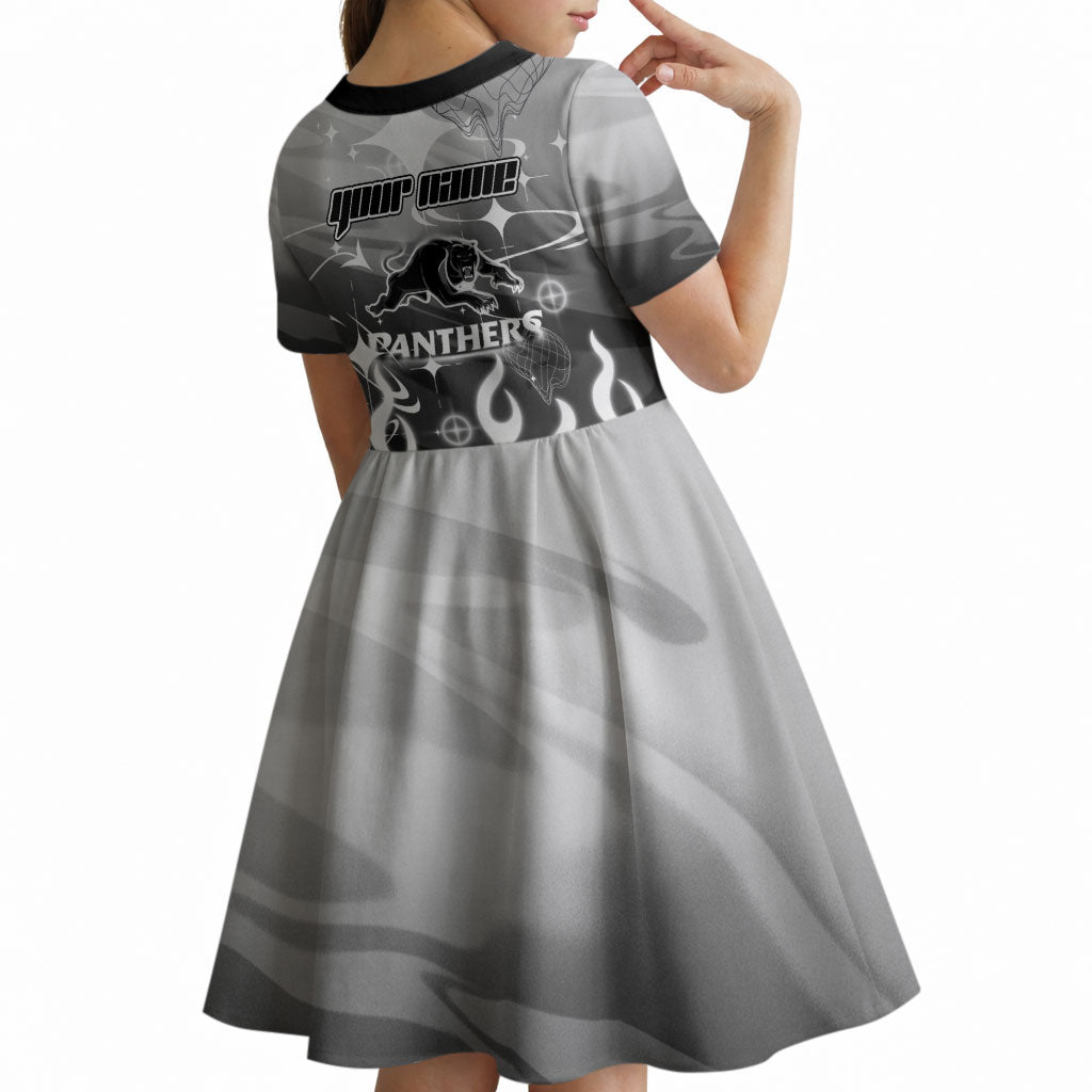 Personalized Penrith Panthers Kid Short Sleeve Dress Y2K Grunge Aesthetic With Cyber Flames and Starburst Graphics