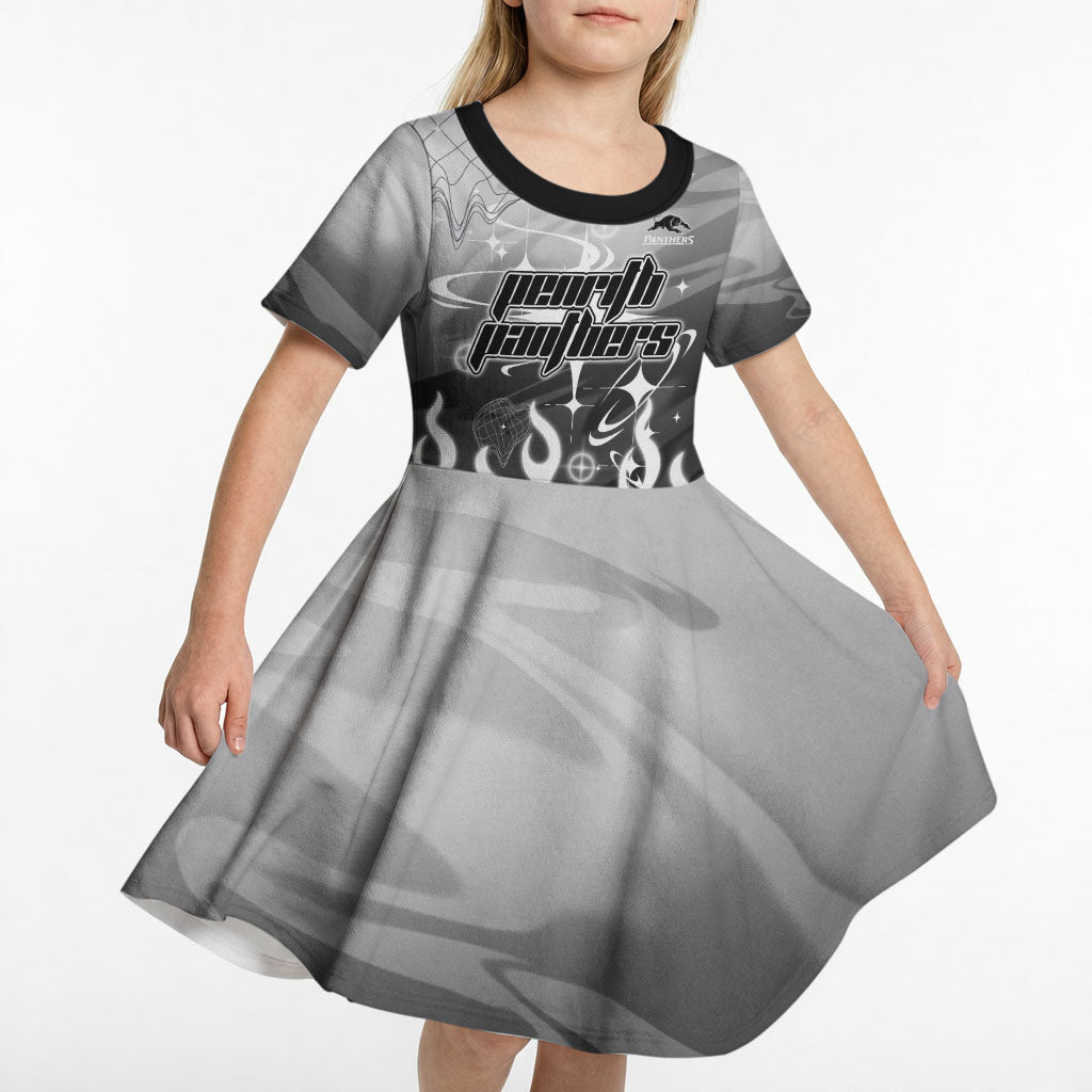 Personalized Penrith Panthers Kid Short Sleeve Dress Y2K Grunge Aesthetic With Cyber Flames and Starburst Graphics