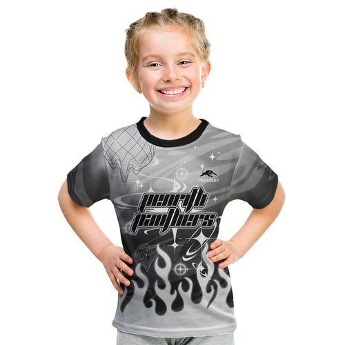 Personalized Penrith Panthers Kid T Shirt Y2K Grunge Aesthetic With Cyber Flames and Starburst Graphics