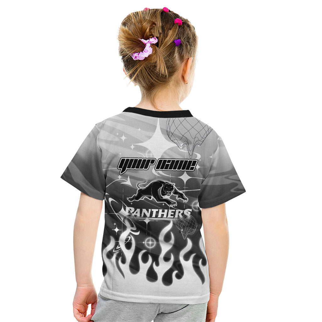 Personalized Penrith Panthers Kid T Shirt Y2K Grunge Aesthetic With Cyber Flames and Starburst Graphics