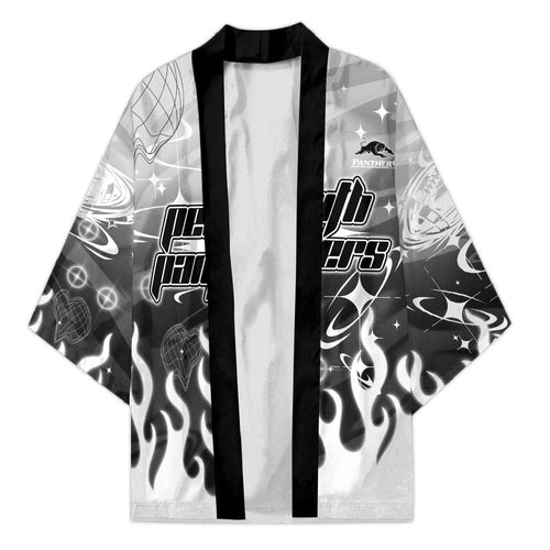 Personalized Penrith Panthers Kimono Y2K Grunge Aesthetic With Cyber Flames and Starburst Graphics