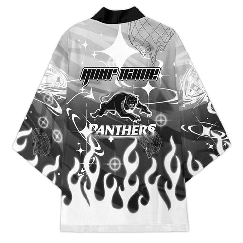 Personalized Penrith Panthers Kimono Y2K Grunge Aesthetic With Cyber Flames and Starburst Graphics