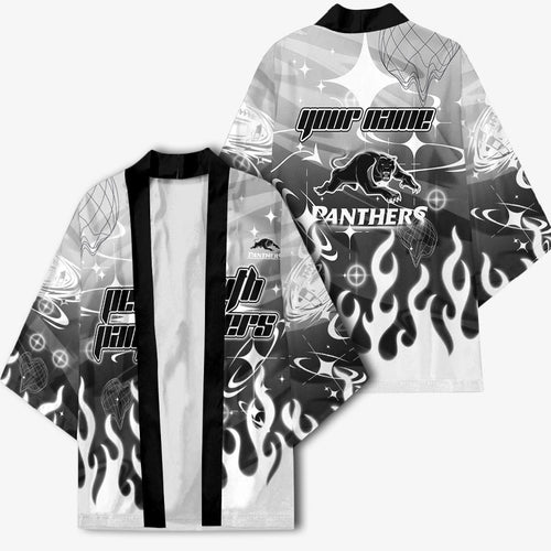 Personalized Penrith Panthers Kimono Y2K Grunge Aesthetic With Cyber Flames and Starburst Graphics