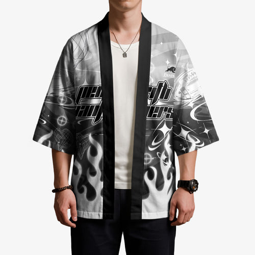 Personalized Penrith Panthers Kimono Y2K Grunge Aesthetic With Cyber Flames and Starburst Graphics