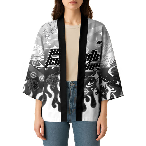 Personalized Penrith Panthers Kimono Y2K Grunge Aesthetic With Cyber Flames and Starburst Graphics