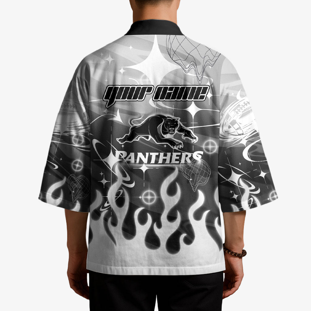 Personalized Penrith Panthers Kimono Y2K Grunge Aesthetic With Cyber Flames and Starburst Graphics