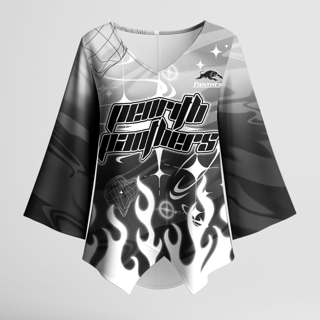 Personalized Penrith Panthers Kimono Sleeve Blouse Y2K Grunge Aesthetic With Cyber Flames and Starburst Graphics