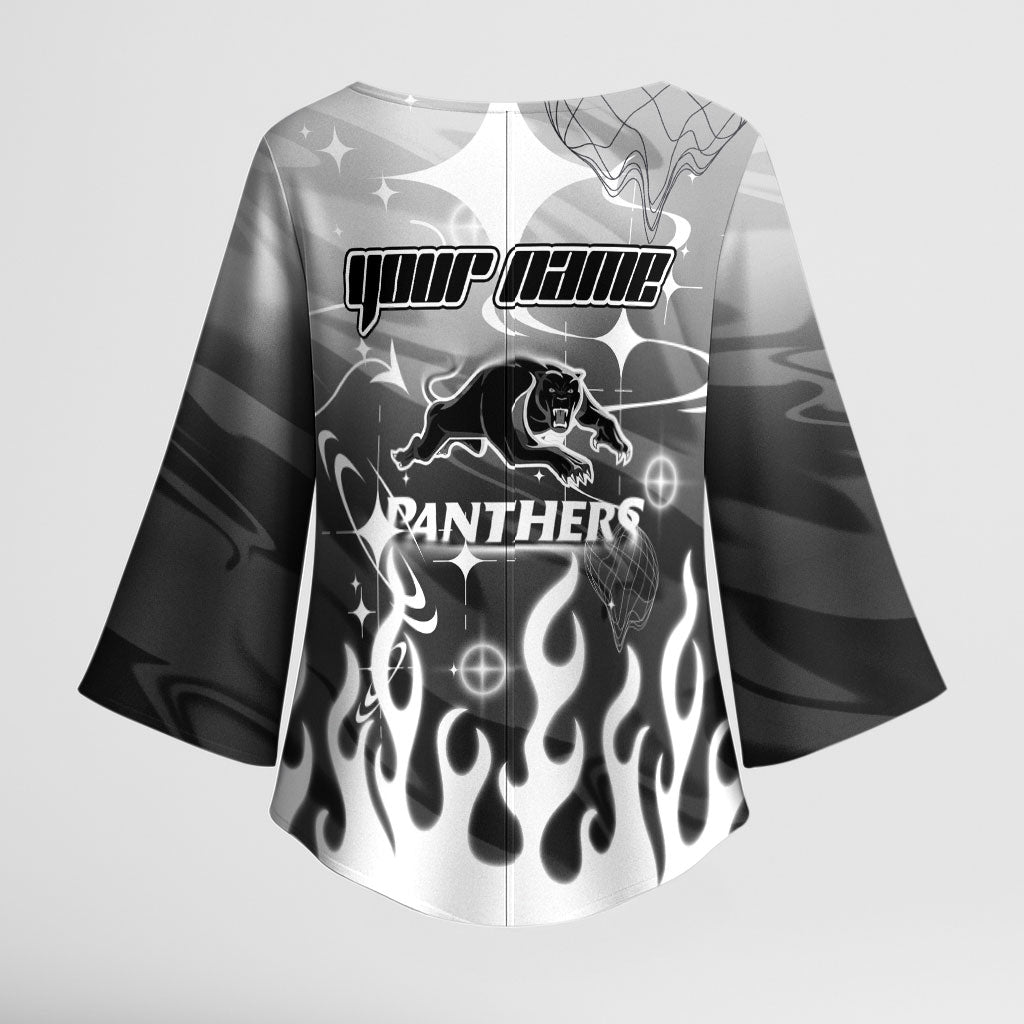 Personalized Penrith Panthers Kimono Sleeve Blouse Y2K Grunge Aesthetic With Cyber Flames and Starburst Graphics