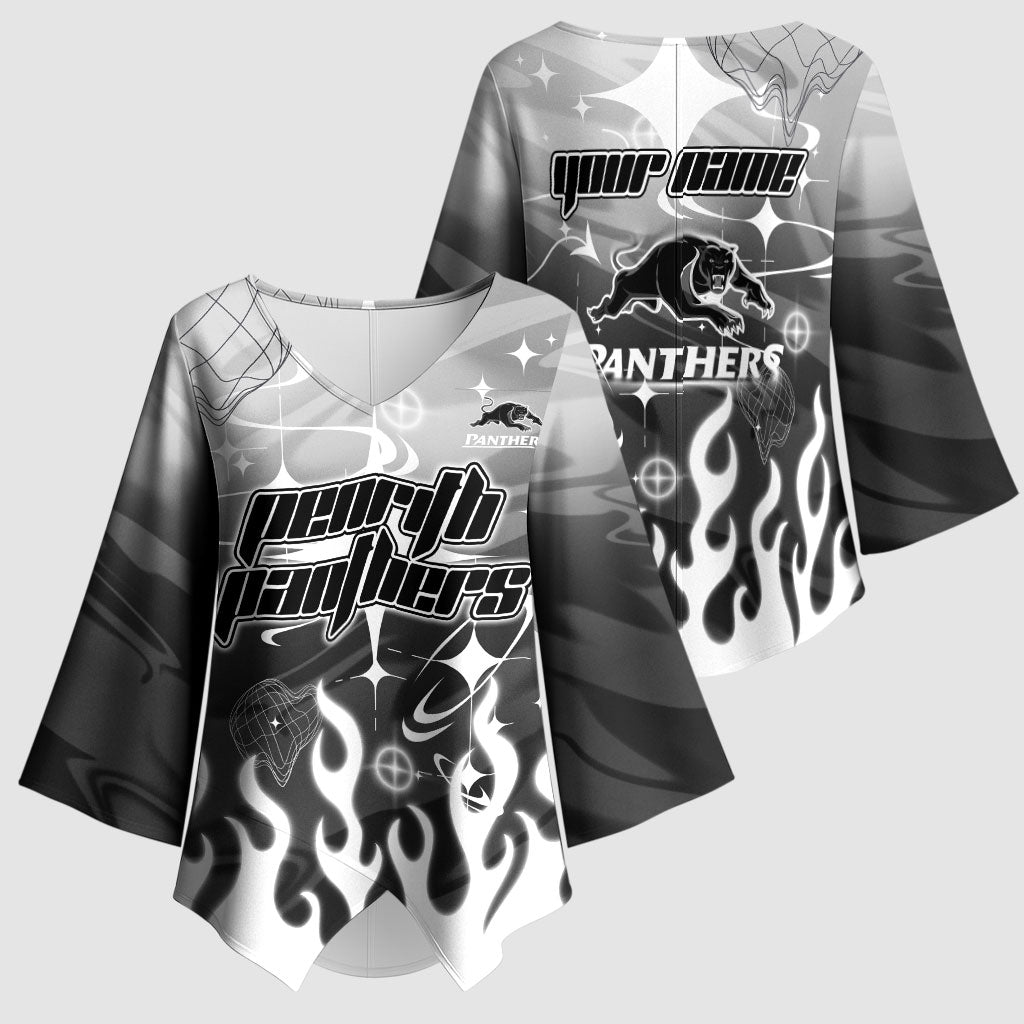 Personalized Penrith Panthers Kimono Sleeve Blouse Y2K Grunge Aesthetic With Cyber Flames and Starburst Graphics